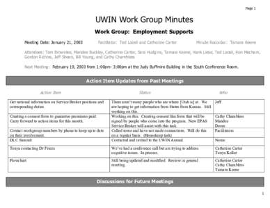 Page 1  UWIN Work Group Minutes Work Group: Employment Supports Meeting Date: January 21, 2003