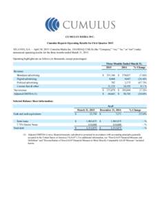    CUMULUS MEDIA INC. Cumulus Reports Operating Results for First Quarter 2015 ATLANTA, GA — April 30, 2015: Cumulus Media Inc. (NASDAQ: CMLS) (the “Company,” “we,” “us,” or “our”) today announced ope