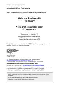 DRAFT V0 – DO NOT CITE OR QUOTE  Committee on World Food Security High Level Panel of Experts on Food Security and Nutrition  Water and food security