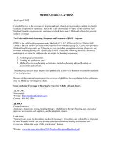 MEDICAID REGULATIONS As of: April 2012 Compiled below is the coverage of hearing aids and related services made available to eligible Medicaid recipients in each state. Since the states often make revisions to the scope 