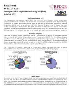 Fact Sheet FY 2012 – 2015 TransportaƟon Improvement Program (TIP) July 20, 2011 Understanding the TIP? The Transporta on Improvement Program (TIP) is a short term list of federally funded transporta on