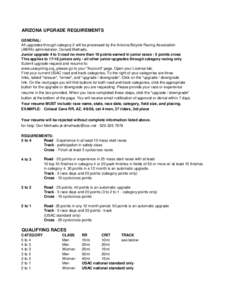 ARIZONA UPGRADE REQUIREMENTS GENERAL: All upgrades through category 2 will be processed by the Arizona Bicycle Racing Association (ABRA) administrator, Donald Melhado. Junior upgrade 4 to 3 road no more than 10 points ea