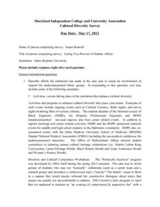 Maryland Independent College and University Association Cultural Diversity Survey Due Date: May 17, 2013 Name of person completing survey: Susan Boswell Title of person completing survey: Acting Vice Provost of Student A