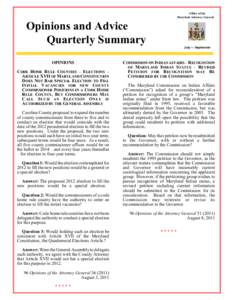 Office of the Maryland Attorney General Opinions and Advice Quarterly Summary July — September