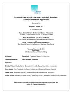 Economic Security for Women and their Families: A Two-Generation Approach Sponsored by Women’s Policy, Inc. in cooperation with Reps. Jaime Herrera Beutler and Donna F. Edwards