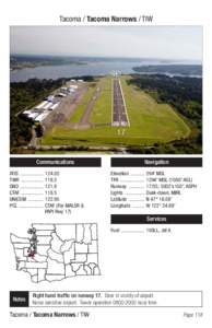 Tacoma / Tacoma Narrows / TIW  Communications ATIS . .................	124.05 TWR ..................	118.5 GND . .................	121.8