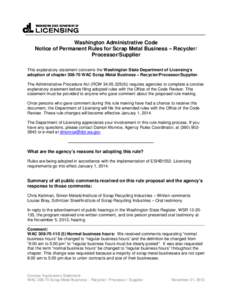 Washington Administrative Code Notice of Permanent Rules for Scrap Metal Business – Recycler/ Processor/Supplier This explanatory statement concerns the Washington State Department of Licensing’s adoption of chapter 