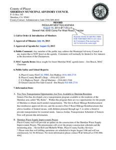 County of Placer SHERIDAN MUNICIPAL ADVISORY COUNCIL P. O. Box 185 Sheridan, CA[removed]County Contact: Administrative Aide[removed]REVISED