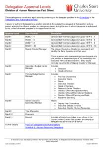 Delegation Approval Levels Division of Human Resources Fact Sheet These delegations constitute a legal authority conferring on the delegate specified in the Schedules to the Delegations and Authorisations Policy. A power