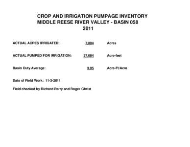CROP AND IRRIGATION PUMPAGE INVENTORY MIDDLE REESE RIVER VALLEY - BASINACTUAL ACRES IRRIGATED:  ACTUAL PUMPED FOR IRRIGATION: