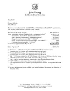 John Chiang California State Controller May 5, 2011 County Officials City Officials Below is a reconciliation of the April 2011 Motor Vehicle License Fee (MVLF) apportionment.