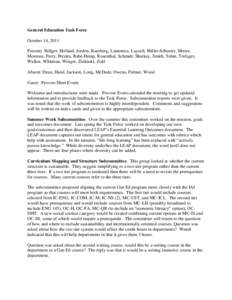 General Education Task Force October 14, 2011 Present: Billger, Holland, Jordon, Kaesberg, Lamonica, Layzell, Miller-Schuster, Moore, Morenus, Parry, Pereira, Rabe-Hemp, Rosenthal, Schmidt, Sharkey, Smith, Tobin, Trefzge