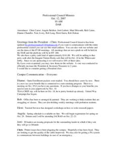 Professional Council Minutes Oct. 12, [removed]AM DAR Attendance: Chris Carter, Angela Belcher, Jerri Liebert, Matt Dilworth, Hali Cartee, Dianne Chandler, Tom Avery, Bob Lang, Eleni Siatra, Rob Zinkan