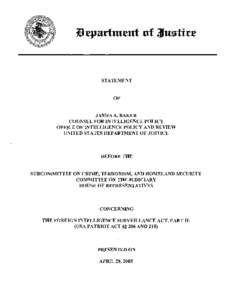 STATEMENT JAMES A. BAKER   COUNSEL FOR INTELLIGENCE POLICY