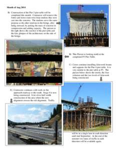 Month of Aug 2014 B) Construction of the Pier 3 pier table will be completed this month. Contractor will remove the forms and stress transverse loop tendons that were cast into the concrete. The tendons serve the same pu