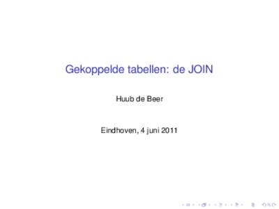 Gekoppelde tabellen: de JOIN Huub de Beer Eindhoven, 4 juni 2011  Koppelingstabellen en SQL: eenvoudig voorbeeld: