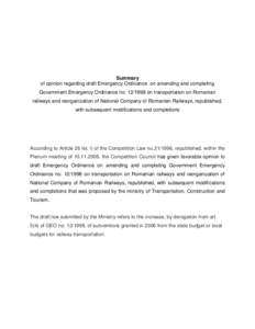 Summary of opinion regarding draft Emergency Ordinance on amending and completing Government Emergency Ordinance no[removed]on transportation on Romanian railways and reorganization of National Company of Romanian Railw