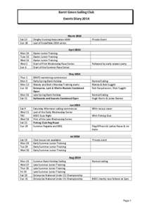 Barnt Green Sailing Club Events Diary 2014