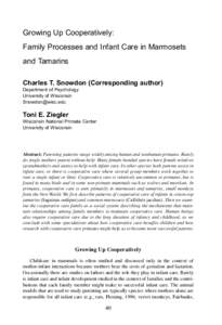 Growing Up Cooperatively: Family Processes and Infant Care in Marmosets and Tamarins Charles T. Snowdon (Corresponding author) Department of Psychology University of Wisconsin