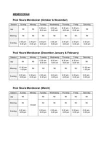 MENDOORAN Pool Hours Mendooran (October & November) Session Sunday