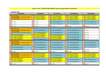 I kurso (1 sem.) TARPTAUTINIO VERSLO rudens semestro dieninis tvarkaraštis Rugsėjis, 2016 PirmadienisAnglų k. (lekt.M.Galkus 303 aud., lekt. N.Požėraitytė 212 audAnglų k.