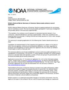 Nov. 14, 2014 Contact: Isabel Gaoteote, [removed]Joseph Paulin, [removed]ext 226 NOAA’s National Marine Sanctuary of American Samoa seeks advisory council applicants
