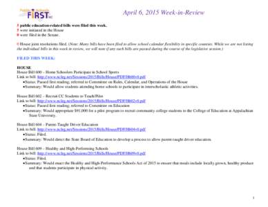 April 6, 2015 Week-in-Review 5 public education-related bills were filed this week. 5 were initiated in the House 0 were filed in the Senate. 0 House joint resolutions filed. (Note: Many bills have been filed to allow sc