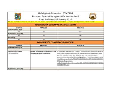 El Colegio de Tamaulipas (COLTAM) Resumen Semanal de Información Internacional lunes 1-viernes 5 diciembre, 2014 Nota: En la columna de 