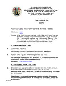 STATEMENT OF PROCEEDINGS FOR THE SPECIAL MEETING OF THE BLUE RIBBON COMMISSION ON CHILD PROTECTION KENNETH HAHN HALL OF ADMINISTRATION 500 WEST TEMPLE STREET, ROOM 381B LOS ANGELES, CALIFORNIA 90012