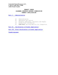 Centennial Natural Resources, LLC. L Massey South Mine, P-3900 ASMC Permit Transfer PERMIT INDEX ALABAMA SURFACE MINING COMMISSION