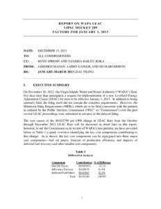 REPORT ON WAPA LEAC VIPSC DOCKET 289 FACTORS FOR JANUARY 1, 2013 DATE: