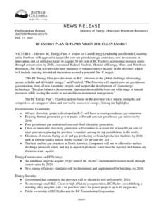 NEWS RELEASE For Immediate Release 2007EMPR0008[removed]Feb. 27, 2007  Ministry of Energy, Mines and Petroleum Resources