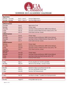 SUMMER 2015 ACADEMIC CALENDAR Registrations Registration Monday – Thursday Monday – Monday Term Dates