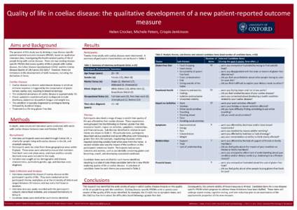 Quality of life in coeliac disease: the qualitative development of a new patient-reported outcome measure Helen Crocker, Michele Peters, Crispin Jenkinson Aims and Background