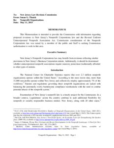 To: New Jersey Law Revision Commission From: Susan G. Thatch Re: Nonprofit Organizations Date: May 11, 2015 MEMORANDUM