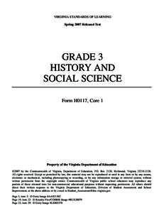 VIRGINIA STANDARDS OF LEARNING Spring 2007 Released Test GRADE 3 HISTORY AND SOCIAL SCIENCE