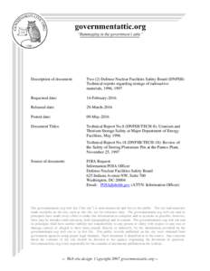 Description of document:  Two (2) Defense Nuclear Facilities Safety Board (DNFSB) Technical reports regarding storage of radioactive materials, 1996, 1997