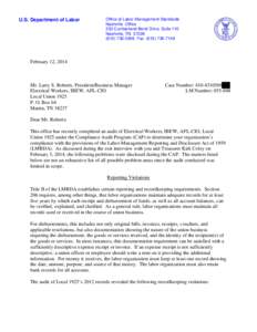 U.S. Department of Labor  Office of Labor-Management Standards Nashville Office 233 Cumberland Bend Drive, Suite 110 Nashville, TN 37228