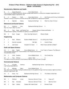 Division II Place Winners - Oklahoma State Science & Engineering Fair – 2012 (Medal + $75/$50/$25) Biochemistry, Medicine and Health B 1 Alyssa Raymond