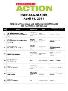 Issue-at-a-glance: April 14, 2014 reading levels, skills, and Common core standards for all articles in this issue page