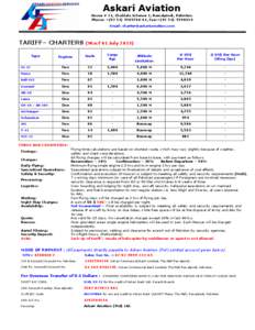 Askari Aviation House # 21, Chaklala Scheme 1, Rawalpindi, Pakistan. Phone: +([removed], Fax:+([removed]Email: [removed]  TARIFF– CHARTERS