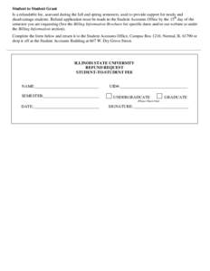 Student to Student Grant Is a refundable fee, assessed during the fall and spring semesters, used to provide support for needy and disadvantage students. Refund application must be made in the Student Accounts Office by 