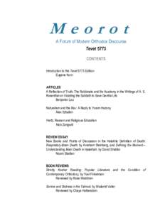 Meorot A Forum of Modern Orthodox Discourse Tevet 5773 CONTENTS Introduction to the Tevet 5773 Edition Eugene Korn