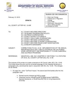 REASON FOR THIS TRANSMITTAL  February 12, 2013 ERRATA  ALL COUNTY LETTER NO. 12-49E