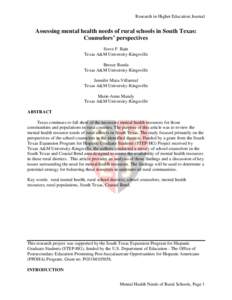 Research in Higher Education Journal  Assessing mental health needs of rural schools in South Texas: Counselors’ perspectives Steve F. Bain Texas A&M University-Kingsville