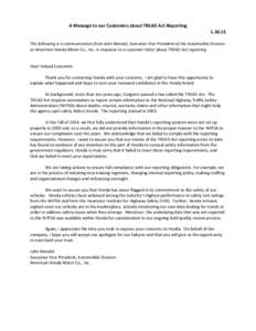 Transportation Recall Enhancement /  Accountability and Documentation Act / Car safety / National Highway Traffic Safety Administration / Honda / Insurance Institute for Highway Safety / American Honda Motor Company / Sedans / Hatchbacks / Subcompact cars / Transport / Private transport / Land transport