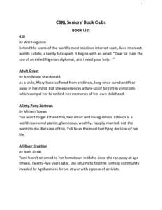 1   CBRL Seniors’ Book Clubs Book List 419 By Will Ferguson