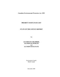 Canadian Environmental Protection Act 1999, Priority Substances List, State of the Science Report for Aluminum Chloride, Aluminum Nitrate and Aluminum Sulfate