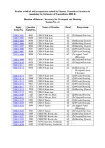 Replies to initial written questions raised by Finance Committee Members in examining the Estimates of Expenditure[removed]Director of Bureau : Secretary for Transport and Housing Session No. : 6 Reply Serial No.