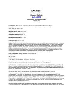 Oregon Bulletin (July 1, [removed]Water Quality Certification Procedures for Klamath River Restoration Project